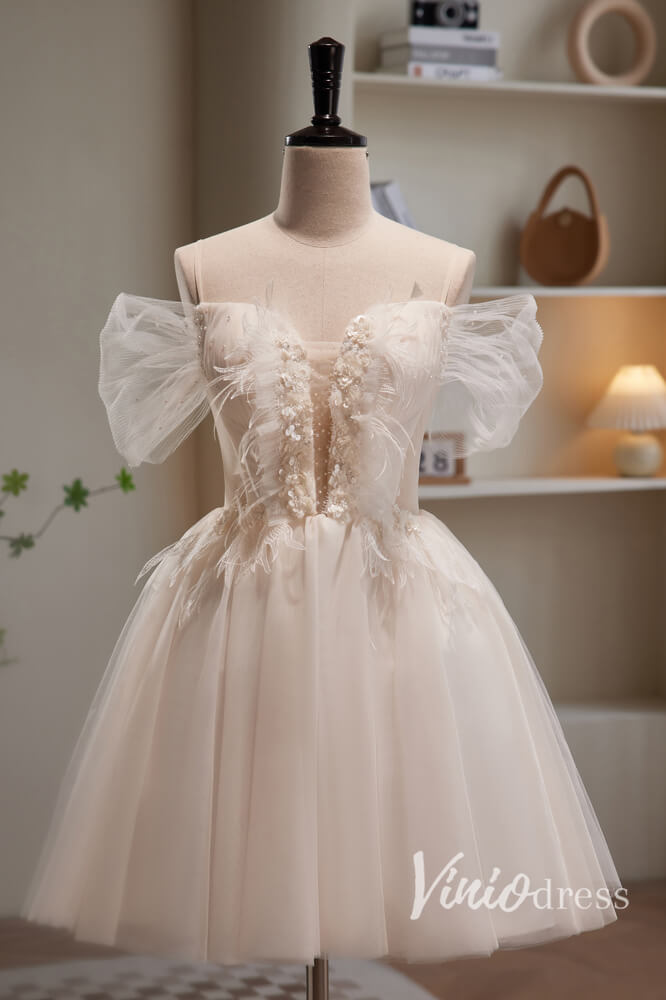 Cute Off the Shoulder Homecoming Dresses Short Prom Dress with Feather Viniodress Cute Off the Shoulder Homecoming Dresses Short Prom Dress with Feather Viniodress