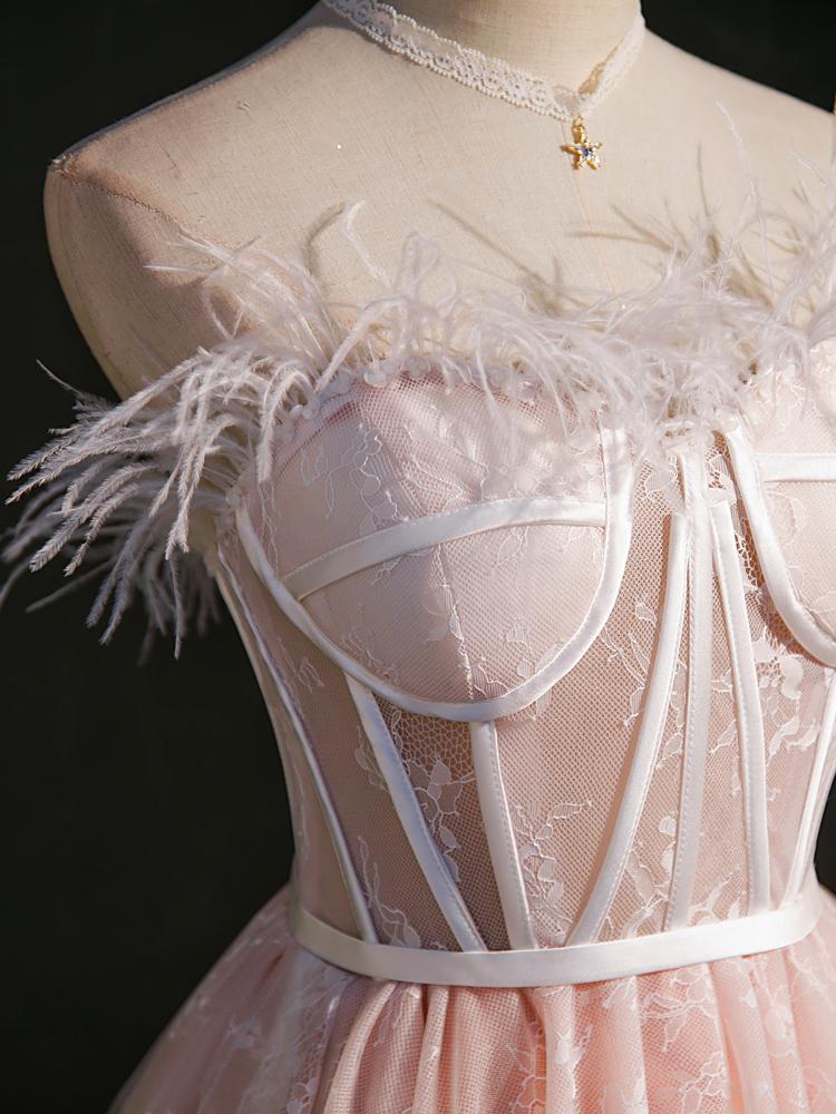 Cute Pink Feather Lace Homecoming Dresses Strapless SD1341-Homecoming Dresses 2025 -VINIODRESS-US2-Pink-