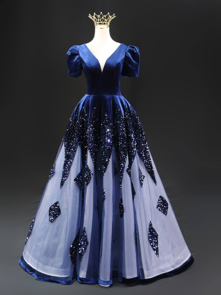 Dark Blue Sequin Tulle Prom Dresses with Puffed Sleeve, V-Neck, Velvet Viniodress Dark Blue Sequin Tulle Prom Dresses with Puffed Sleeve, V-Neck, Velvet Viniodress