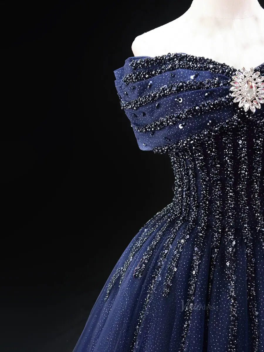 Dark Blue Sparkly Tulle Prom Dresses with Beaded Bodice, Off the Shoulder Quinceanera Dresses SU040-prom dresses 2025 -Viniodress-Blue-Custom Size-