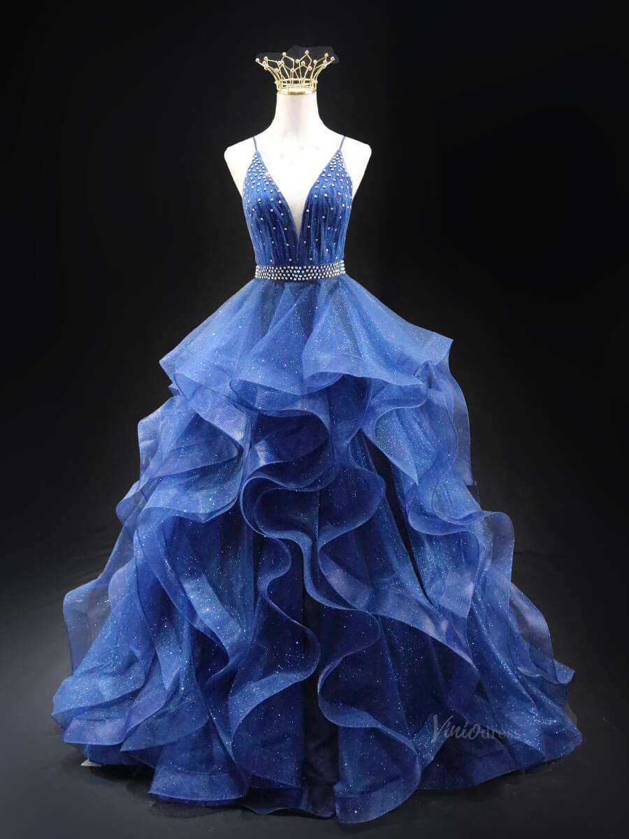 Dark Blue Sparkly Tulle Prom Dresses with Spaghetti Strap, V-Neck, Tie – Viniodress Dark Blue Sparkly Tulle Prom Dresses with Spaghetti Strap, V-Neck, Tie – Viniodress