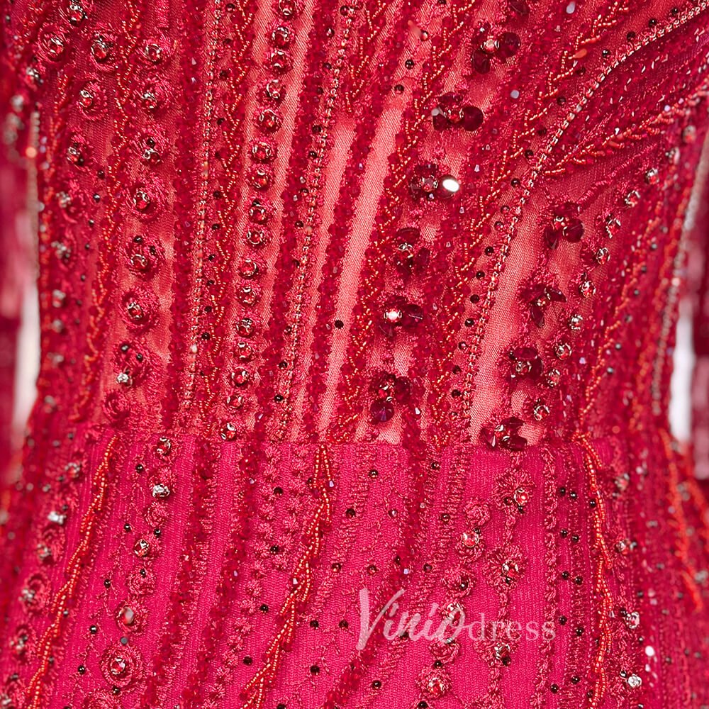 Dark Red Beaded Lace Prom Dresses Extra Long Sleeve Formal Pageant Dress 20026-Evening Dresses 2025 -Viniodress-Red-US 2-