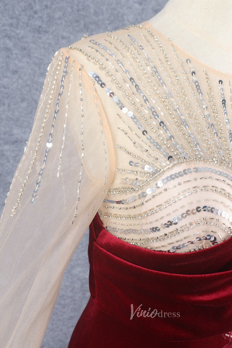 Dark Red Long Sleeve Prom Dress Beaded Velvet Evening Dress FD2608-Evening Dresses 2025 -VINIODRESS-Burgundy-US2-