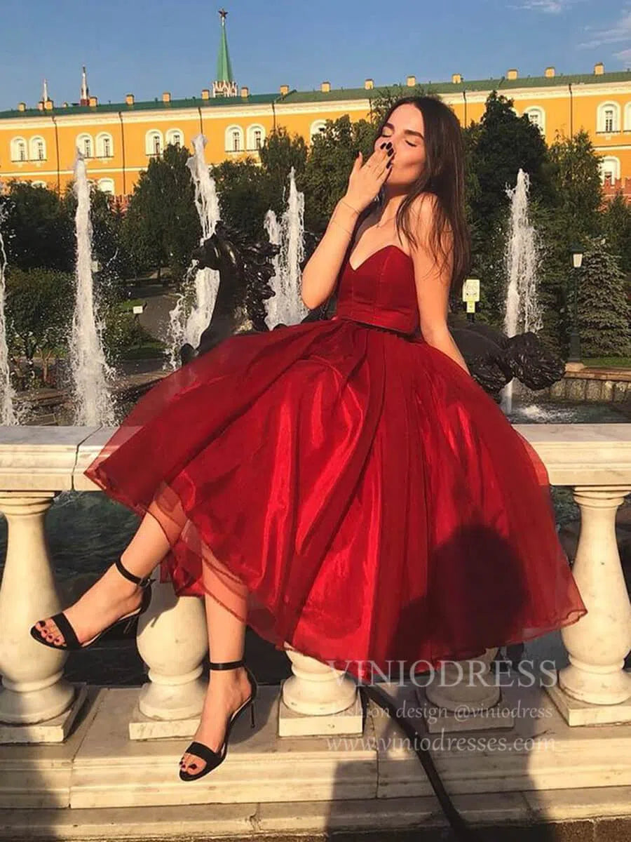 strapless open back dress Dark Red Tea Length Homecoming Dresses Sweetheart Neck Short Prom Dres –  Viniodress
