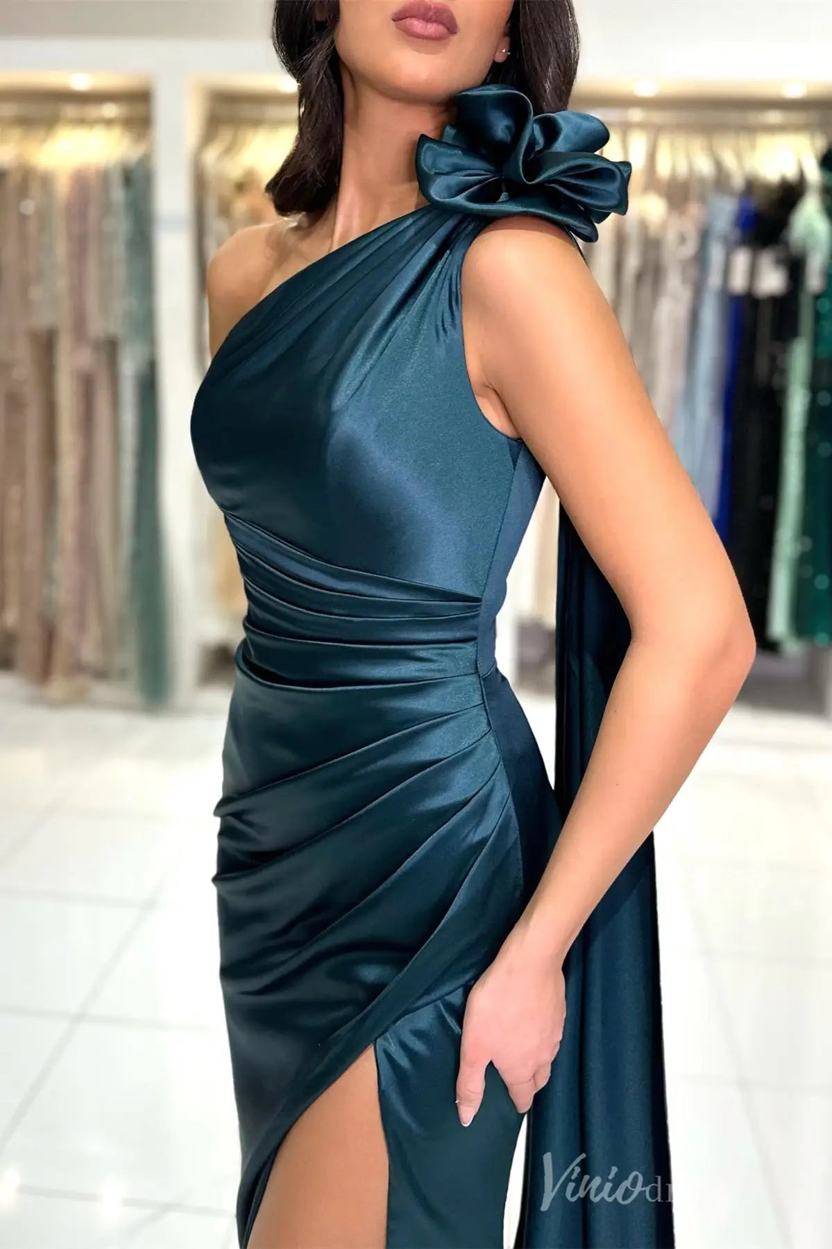 Dark Teal One-Shoulder Satin Evening Gown with Draped Bodice, High Slit and Shoulder Bow – SS001-prom dresses 2025 -Viniodress-Teal-Custom Size-
