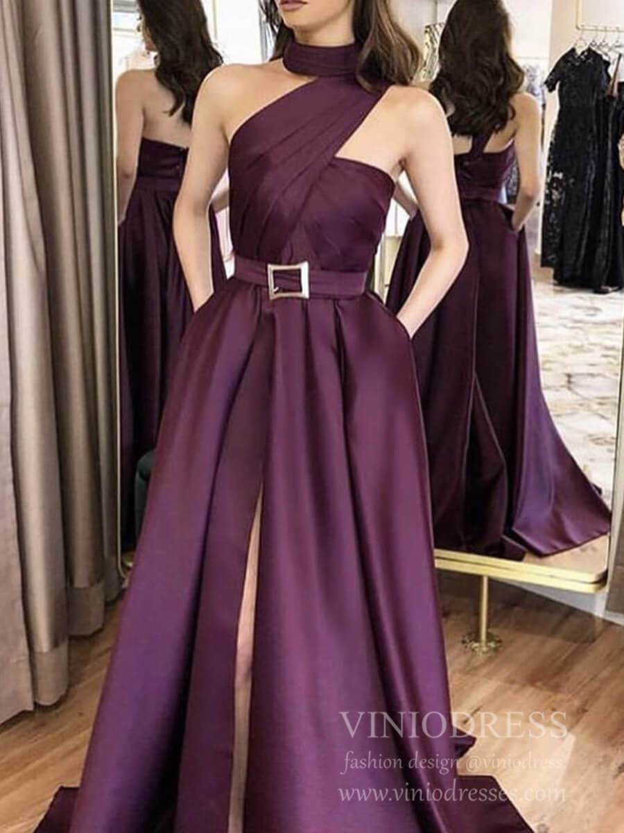 Deep Purple Satin Prom Dresses with Slit, Halter Neck, Pockets FD1814-prom dresses 2025 -Viniodress-Purple-Custom Size-