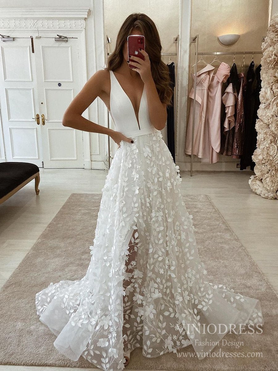 Deep V-neck 3D Leaf Lace Country Wedding Dresses with Slit VW1870 –  Viniodress