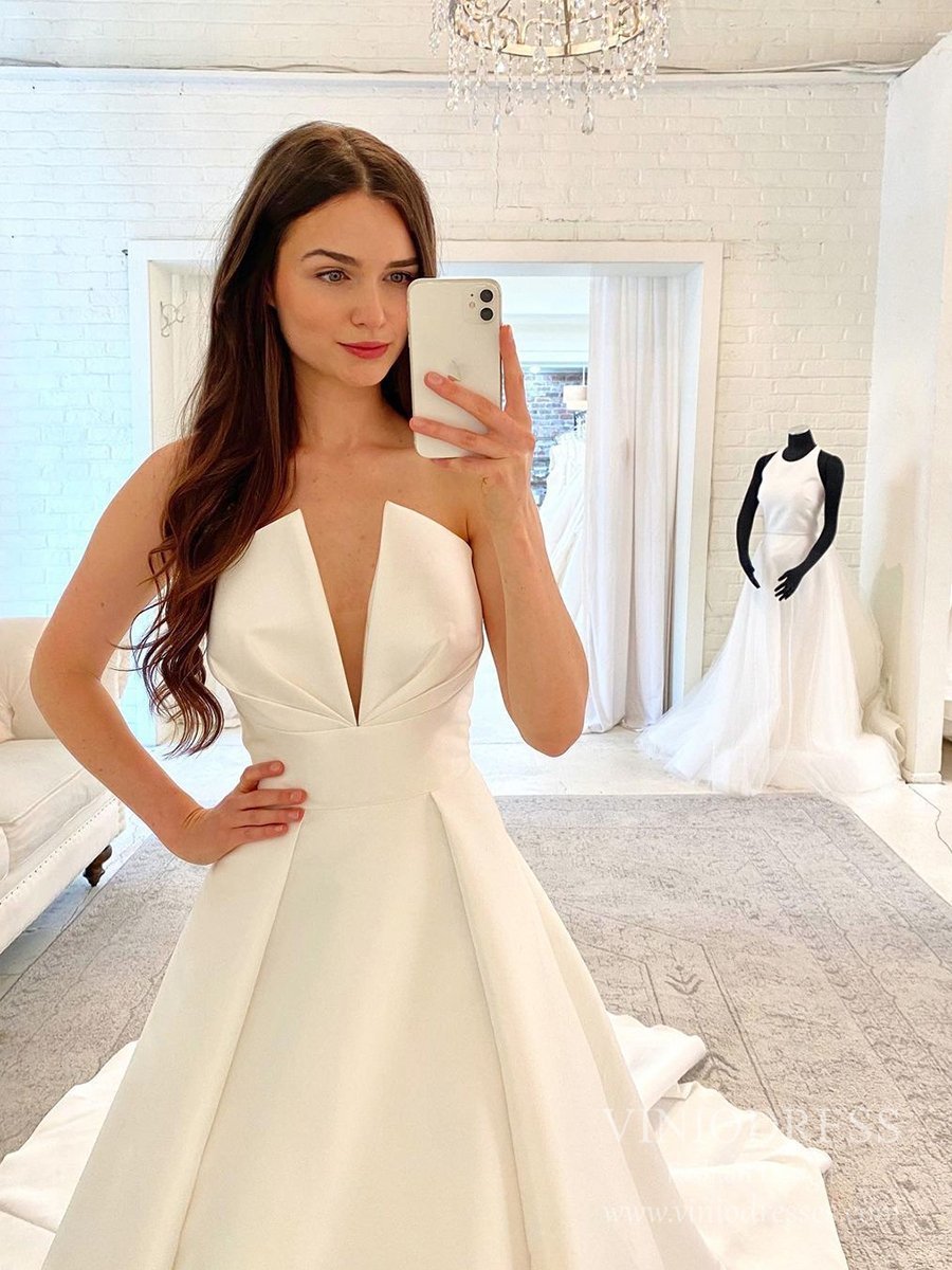 Deep V neck Strapless Satin Wedding Dresses with Pockets VW1867-wedding dresses 2025 -Viniodress-Ivory-Custom Size-
