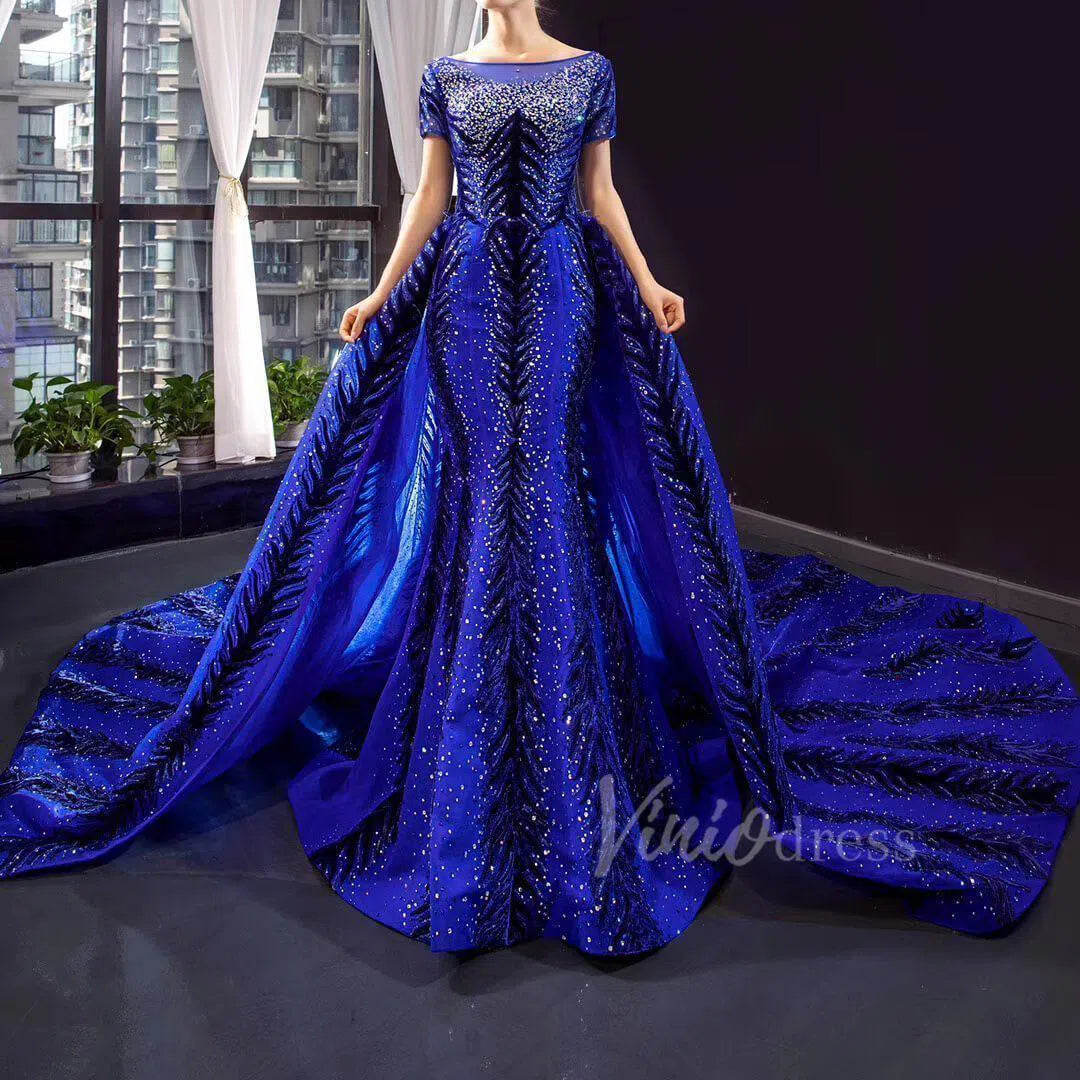 Detachable Royal Blue Mermaid Prom Dress Luxury Beaded Pageant Dresses FD1467 viniodress-Evening Dresses 2025 -Viniodress-No Overskirt-Blue-Custom Size