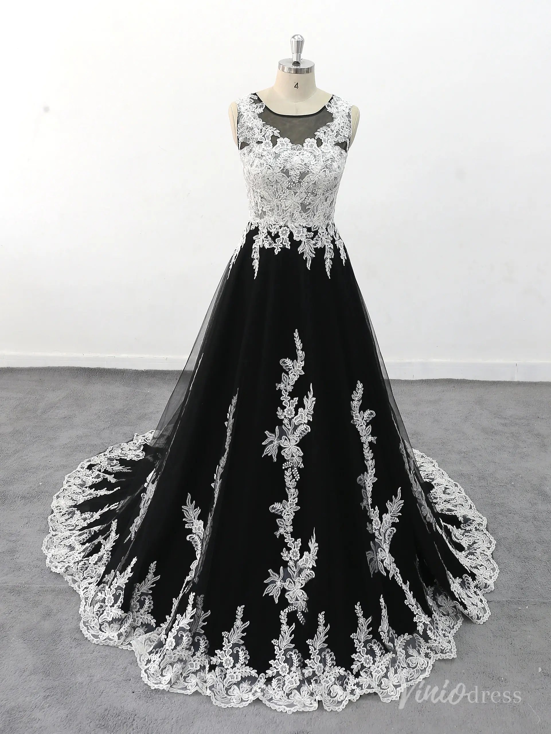 Dramatic Black Wedding Dress with White Lace Appliques and Chapel Train BK122 Viniodress Dramatic Black Wedding Dress with White Lace Appliques and Chapel Train BK122 Viniodress