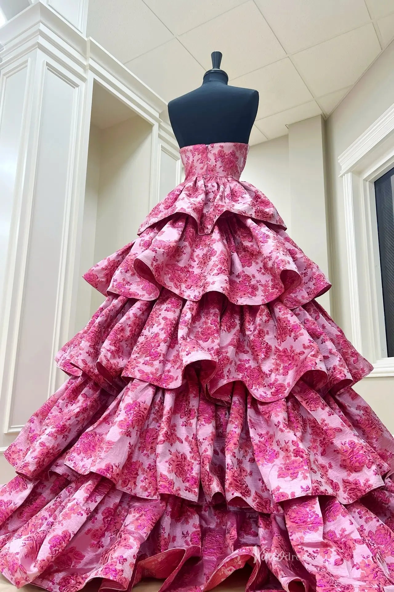 Pink Floral Jacquard Tiered Ruffle Prom Ball Gown JC037 Viniodress Pink Floral Jacquard Tiered Ruffle Prom Ball Gown JC037 Viniodress