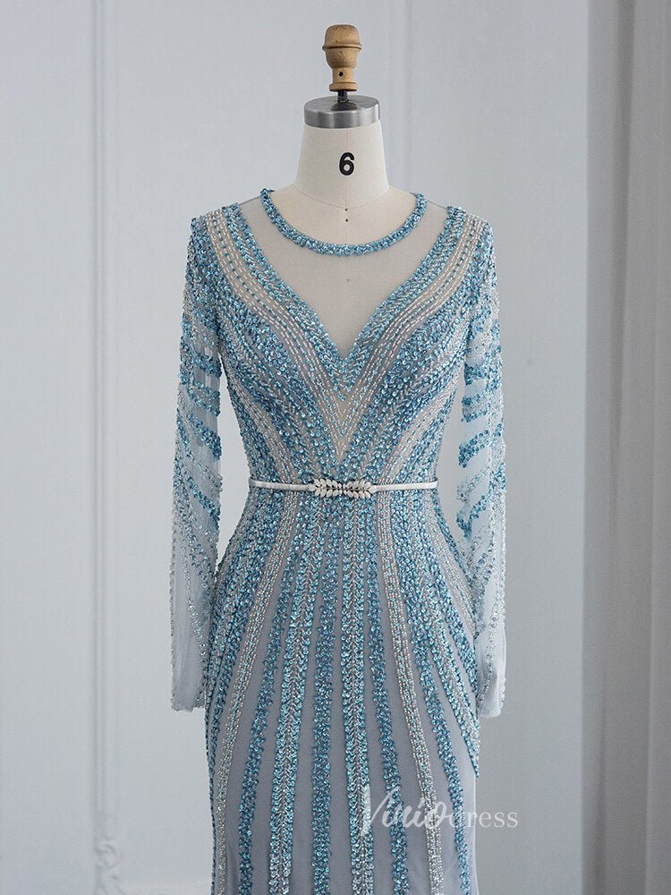 Dusty Blue Beaded Prom Dresses Long Sleeve Mermaid Evening Dress 20097-Evening Dresses 2025 -Viniodress-Dusty Blue-US 2-