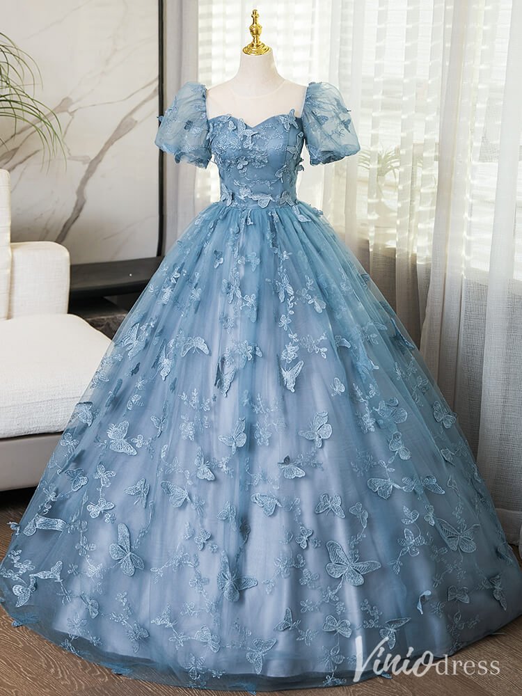 Dusty Blue Butterfly Lace Prom Dresses Puffed Sleeve Formal Dress AD13 Viniodress Dusty Blue Butterfly Lace Prom Dresses Puffed Sleeve Formal Dress AD13 Viniodress
