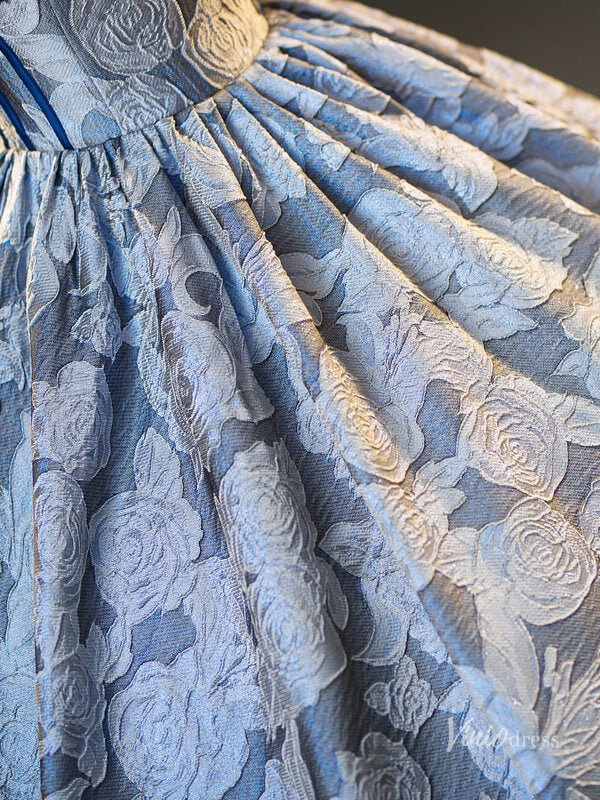 Dusty Blue Floral Jacquard Prom Ball Gown Sequin Puffed Sleeve Quinceanera Dresses BG065-prom dresses 2025 -Viniodress-Dusty Blue-Custom Size-