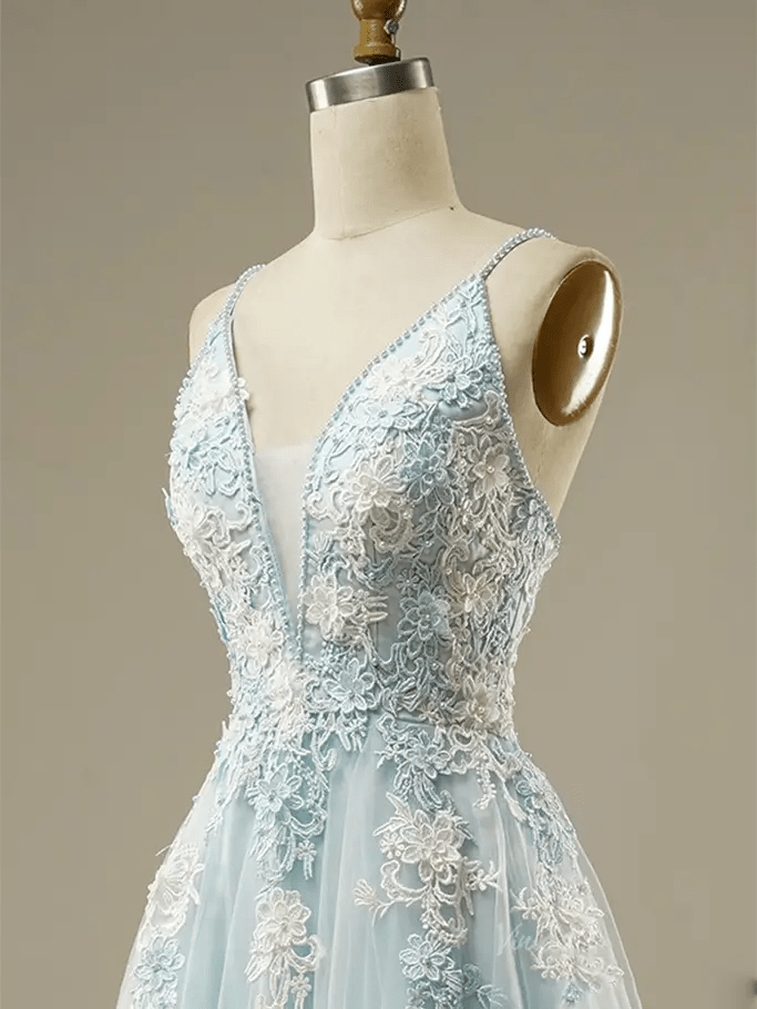 Dusty Blue Floral Lace Prom Dresses 2025 Spaghetti Strap V-Neck Formal Dresses - FD1779-prom dresses 2025 -Viniodress-Blue-Custom Size-