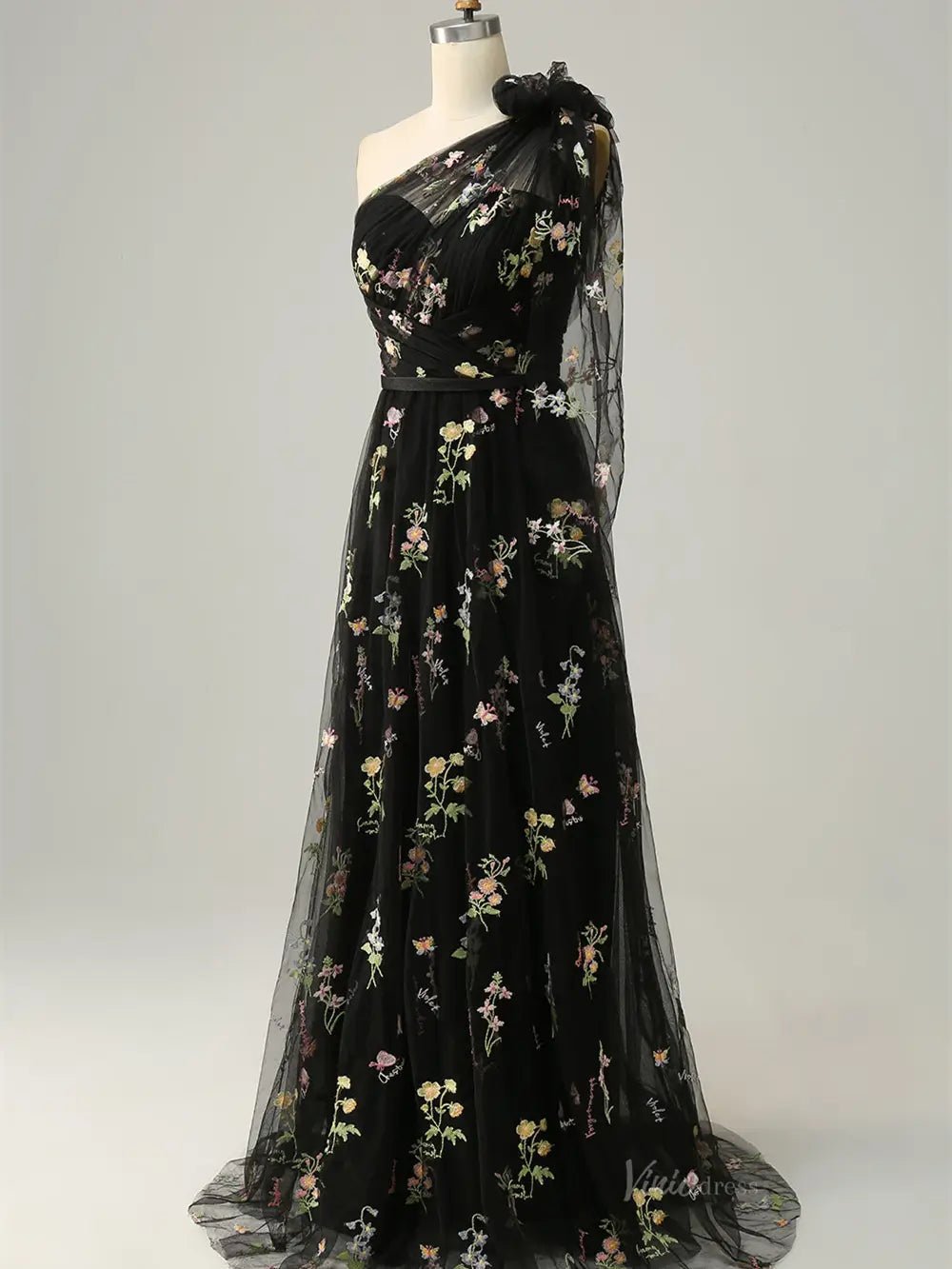 Dusty Blue Floral Lace Prom Dresses One Shoulder Formal Dress FD4080B-prom dresses 2025 -Viniodress-Dusty Blue-Custom Size-