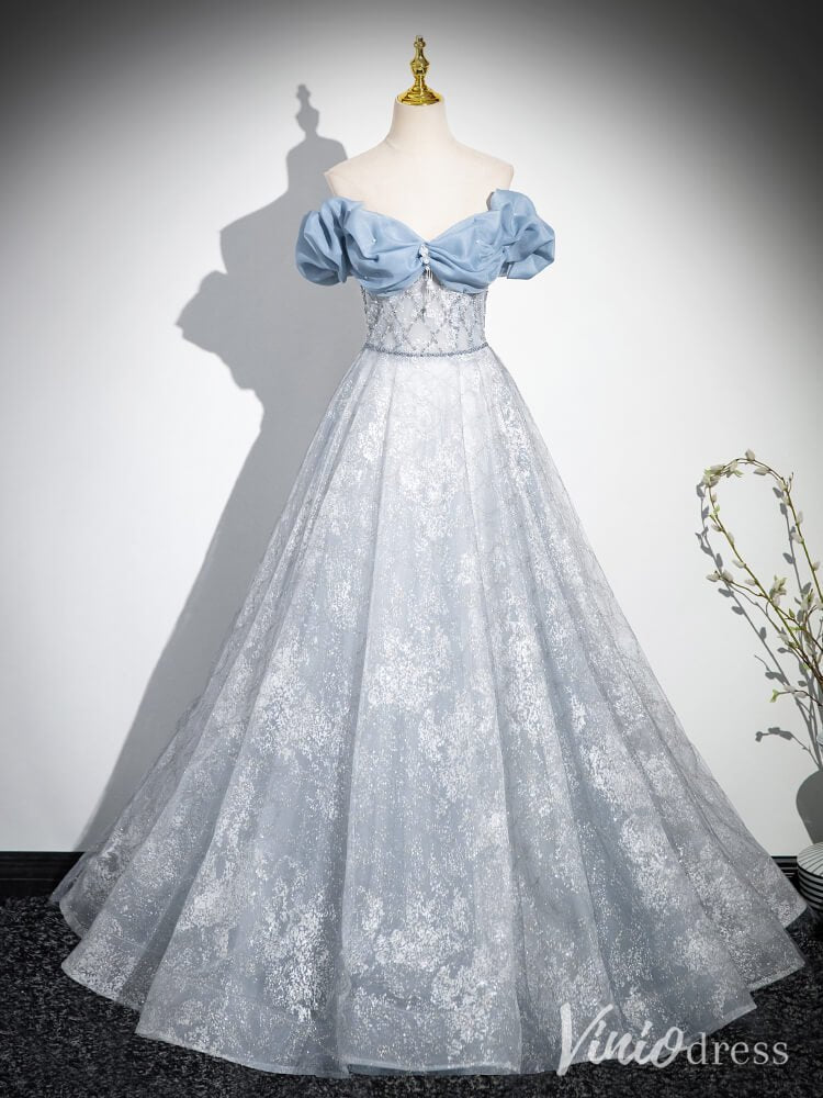Dusty Blue Off the Shoulder Prom Dresses Sparkly Tulle Formal Dress AD Viniodress Dusty Blue Off the Shoulder Prom Dresses Sparkly Tulle Formal Dress AD Viniodress