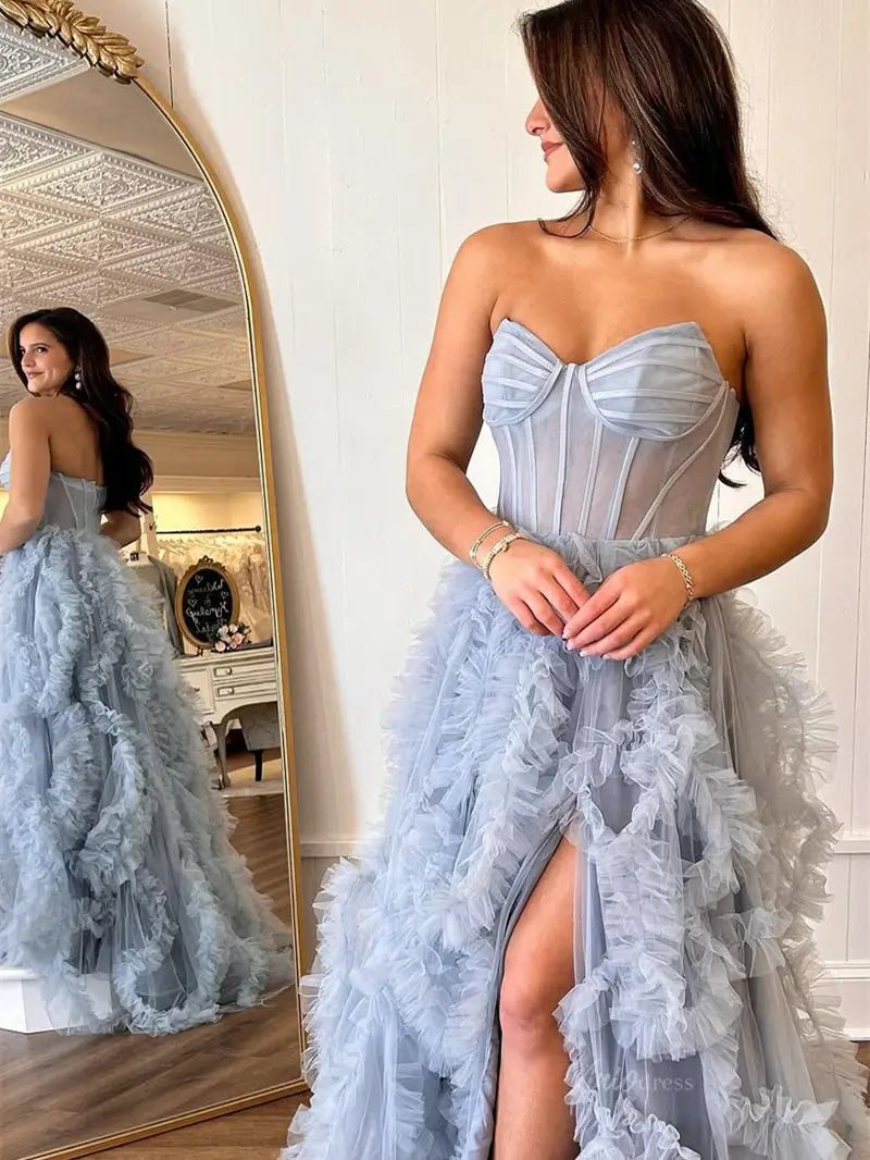 Dusty Blue Ruffled Prom Dresses with Slit & Sweetheart Neck Sheer Boned Bodice - FD3719-prom dresses 2025 -Viniodress-Blue-Custom Size-
