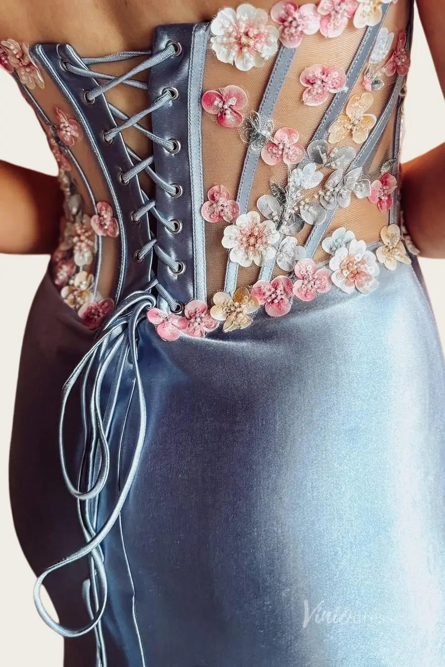 Dusty Blue Satin Mermaid Wedding Dress with Sheer 3D Floral Corset, High Slit & Lace-Up Back - FW264-wedding dresses 2026-Viniodress-Dusty Blue-Custom Size – Add Measurements in Cart-
