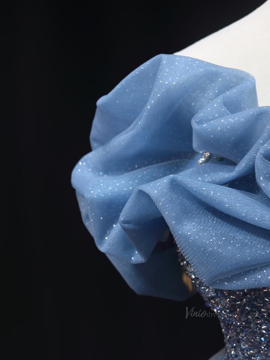 Dusty Blue Sparkly Lace Prom Dresses with Beaded Bodice, Ruffle, Off the Shoulder Quinceanera Dresses SU017-prom dresses 2025 -Viniodress-Blue-Custom Size-