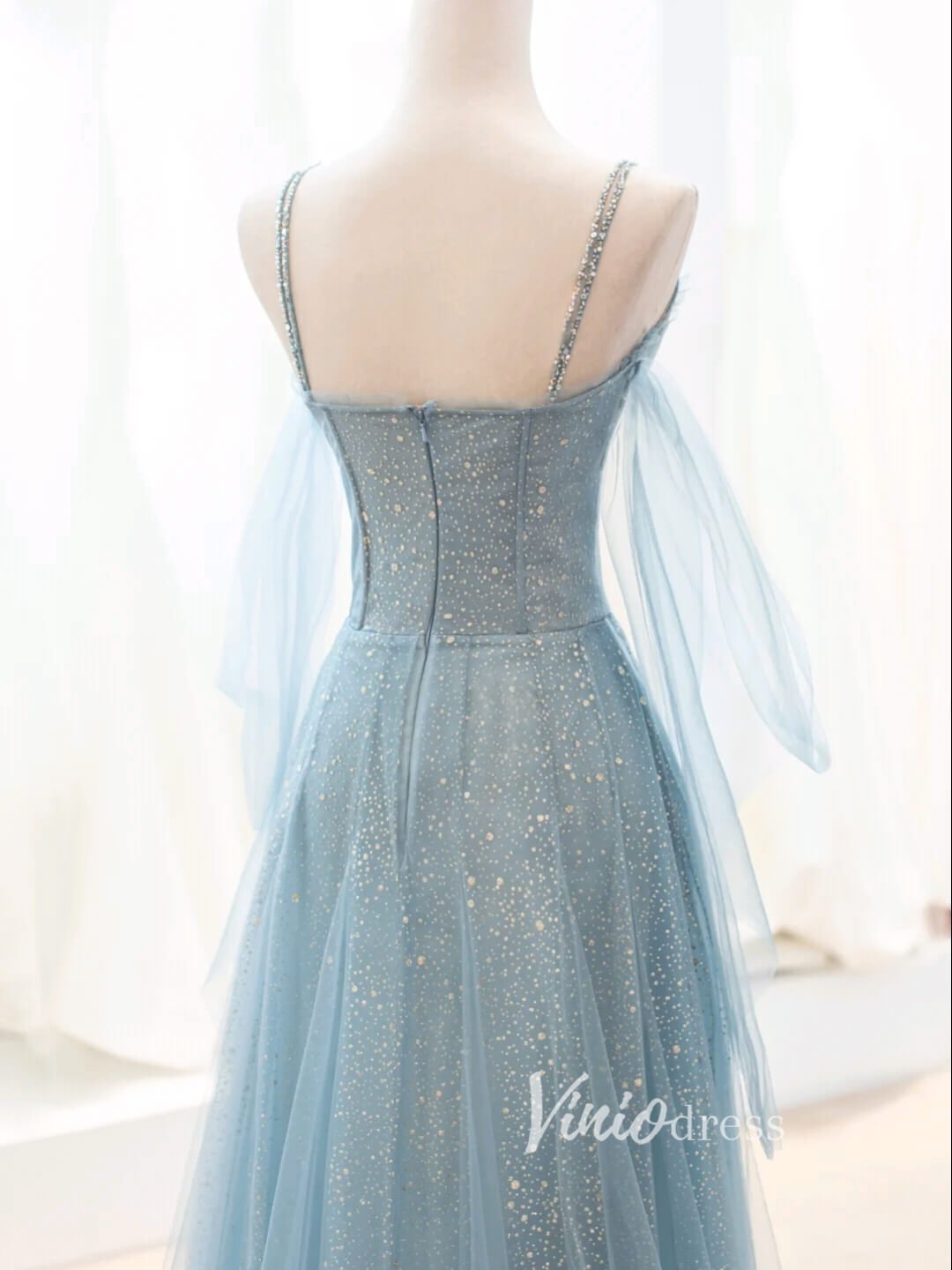 Dusty Blue Sparkly Tulle Prom Dresses Spaghetti Strap Evening Dress FD3429-prom dresses 2025 -Viniodress-Dusty Blue-Custom Size-
