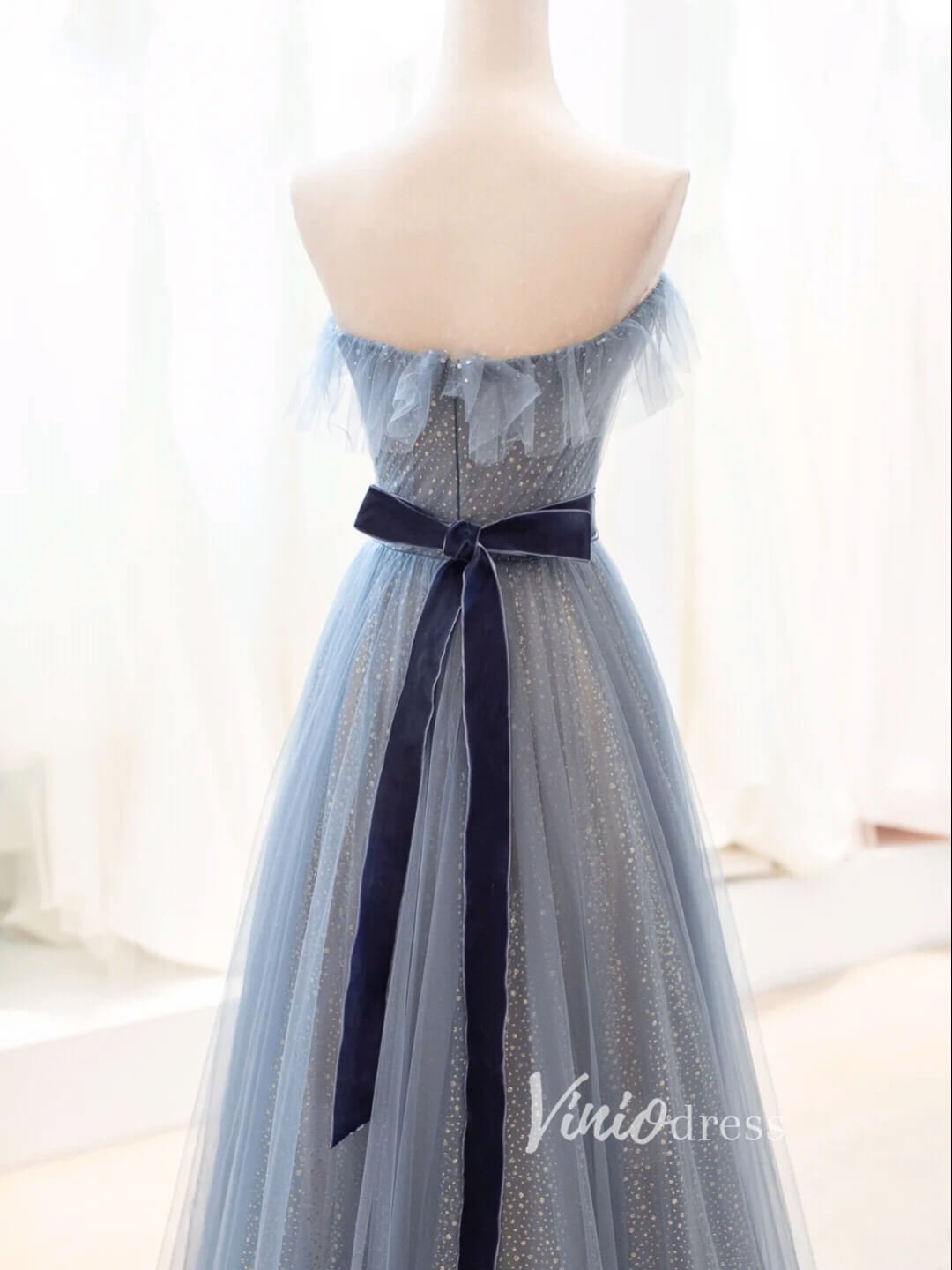 Dusty Blue Sparkly Tulle Prom Dresses Strapless Evening Dress FD3428-prom dresses 2025 -Viniodress-Dusty Blue-Custom Size-