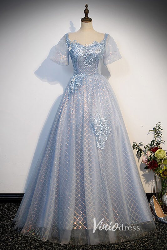 Dusty Blue Sparkly Tulle Prom Dresses with Puffed Sleeve FD3526-prom dresses 2025 -Viniodress-Dusty Blue-Custom Size-A-Line