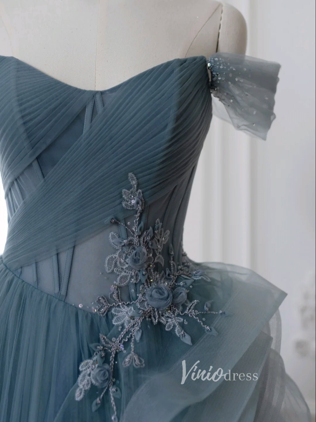 Dusty Blue Tulle Prom Dresses Off the Shoulder Removable Sleeve Evening Dress FD3216-prom dresses 2025 -Viniodress-Dusty Blue-Custom Size-