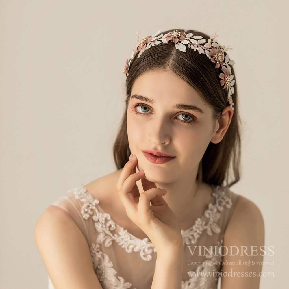 Dusty Rose Floral Bridal Headband AC1220-Headpieces 2025 -Viniodress-Dusty Rose-