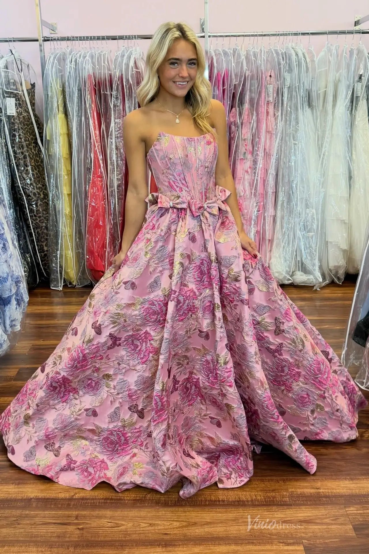 Dusty Rose Floral Jacquard Prom Dress with Strapless Corset Bodice & Bow Waist – JC024-prom dresses 2026-Viniodress-Dusty Rose-Custom Size-