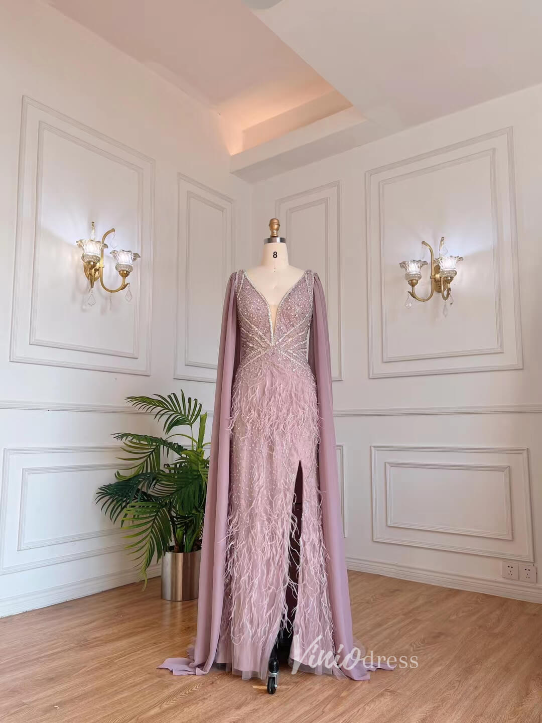 Dusty Rose Pink Beaded Feather Prom Dressses Chiffon Cape Evening Dres –  Viniodress