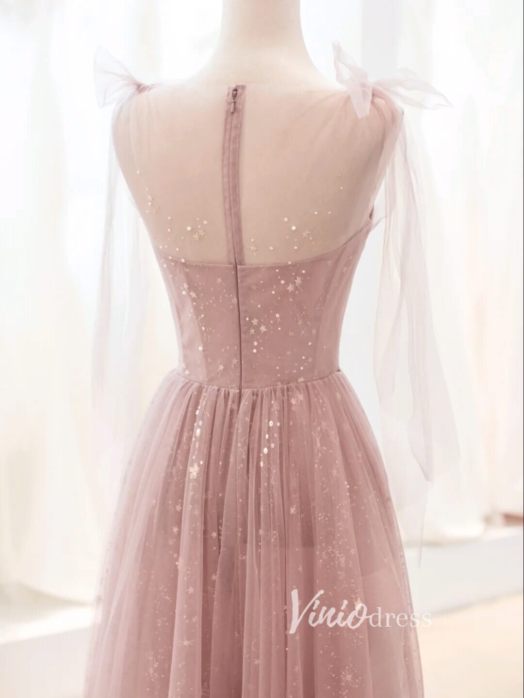 Dusty Rose Pink Starry Tulle Prom Dresses A-line Evening Dress FD3426-prom dresses 2025 -Viniodress-Dusty Rose-Custom Size-
