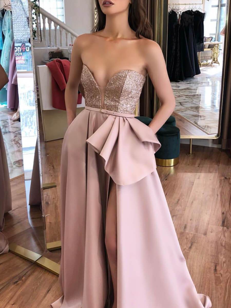 Dusty Rose Satin Prom Dresses with Pockets Strapless Sweetheart Neck Evening Gown FD1810-prom dresses 2025 -Viniodress-Dusty Rose-Custom Size-