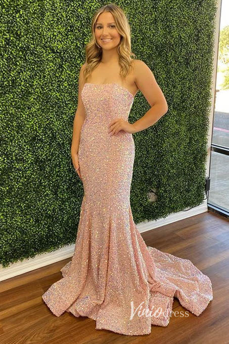 Dusty Rose Sequin Prom Dresses Strapless Mermaid Evening Dress FD3398-prom dresses 2025 -Viniodress-Dusty Rose-Custom Size-