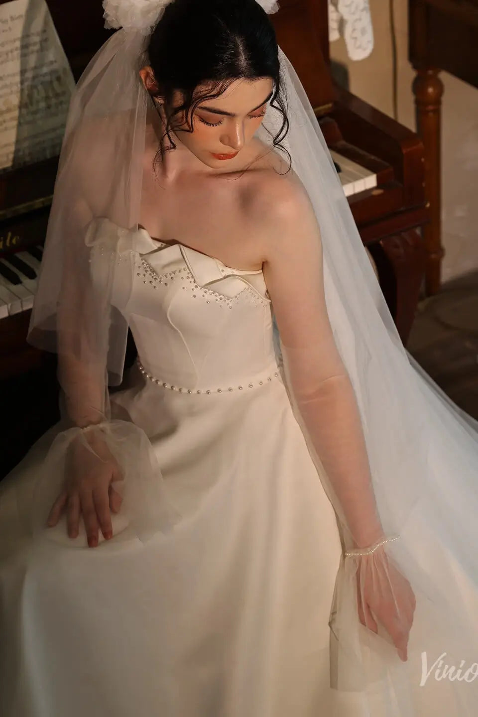 Elbow Bridal Gloves Flare Sleeves with Pearl Cuff WG211-Bridal Gloves 2026-Viniodress-Ivory-