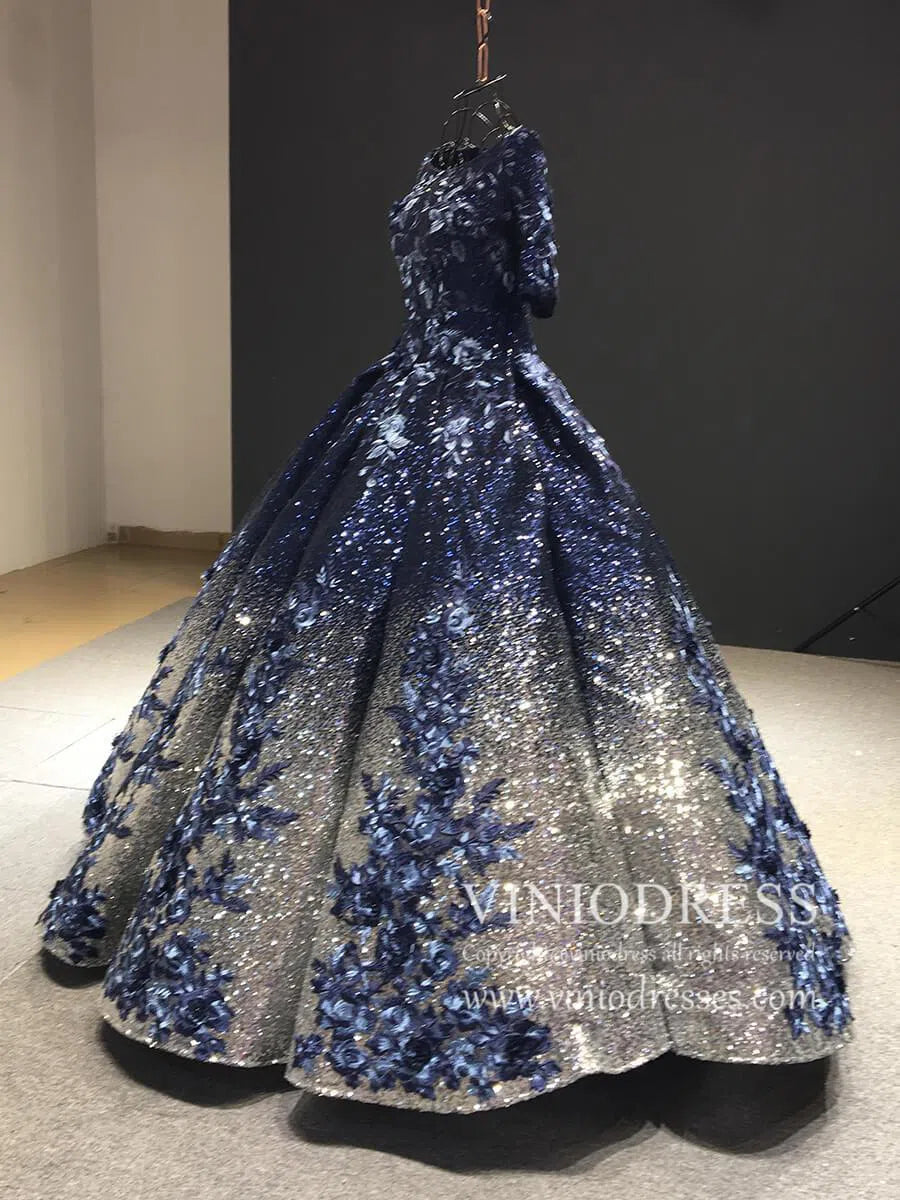 Elbow Sleeve Navy Blue Vintage Quinceanera Dress 3D floral Detut Dresses FD1198B viniodress-prom dresses 2025 -Viniodress-Navy Blue-Custom Size-