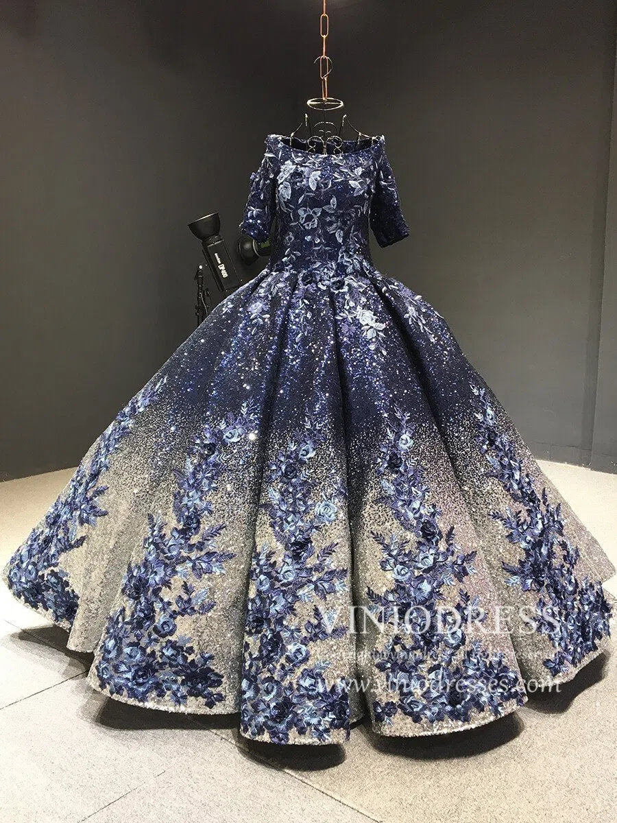 Elbow Sleeve Navy Blue Vintage Quinceanera Dress 3D floral Detut Dress Viniodress Elbow Sleeve Navy Blue Vintage Quinceanera Dress 3D floral Detut Dress Viniodress
