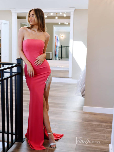 Pink - Strapless Satin Beaded A Line Prom Dresses With Slit main image 0