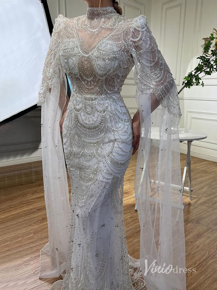 Elegant Beaded Evening Dresses Extra Long Sleeve Mother of the Bride Dresses AD1125-Evening Dresses 2025 -Viniodress-White-US 2-