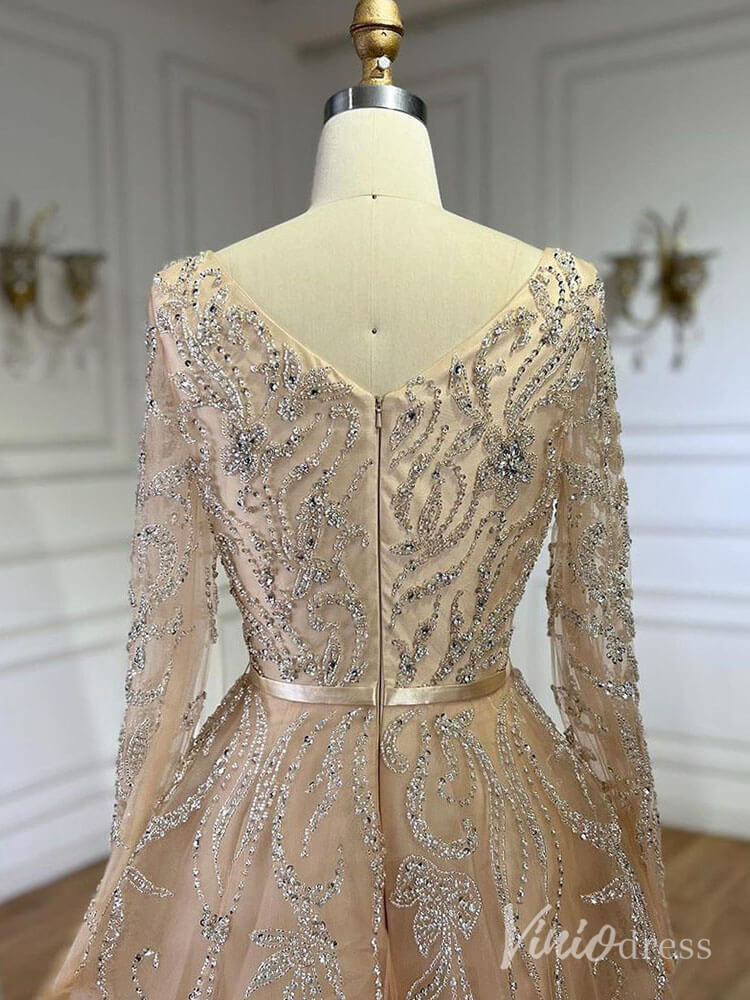 Elegant Beaded Lace Prom Dresses Long Sleeve Boat Neck Pageant Dress AD1235-Evening Dresses 2025 -Viniodress-Grey-US 2-