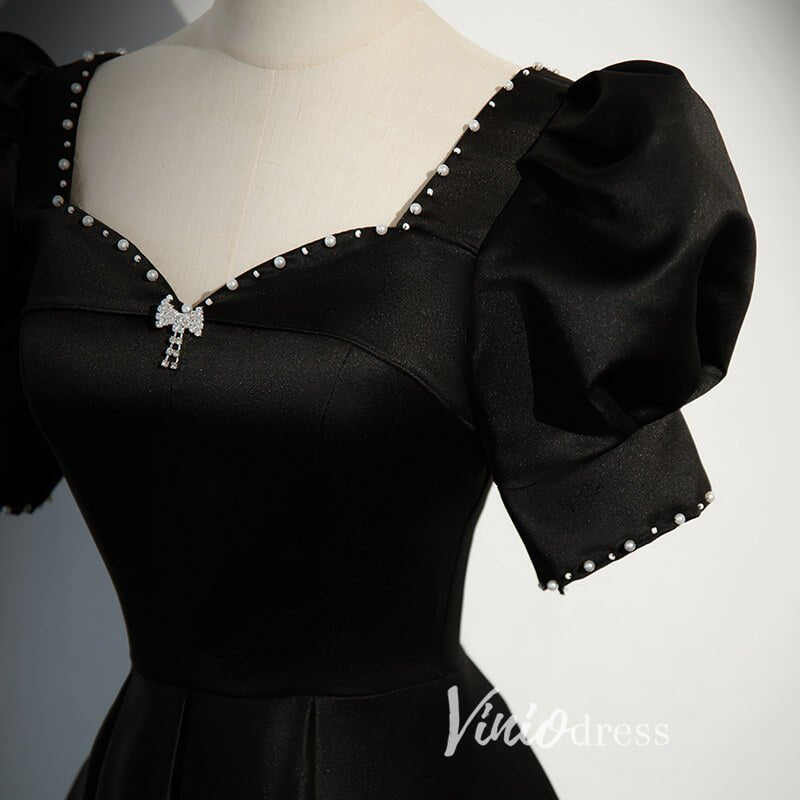 Elegant Black Satin Prom Dresses with Puffed Sleeve FD3530-prom dresses 2025 -Viniodress-Black-Custom Size-