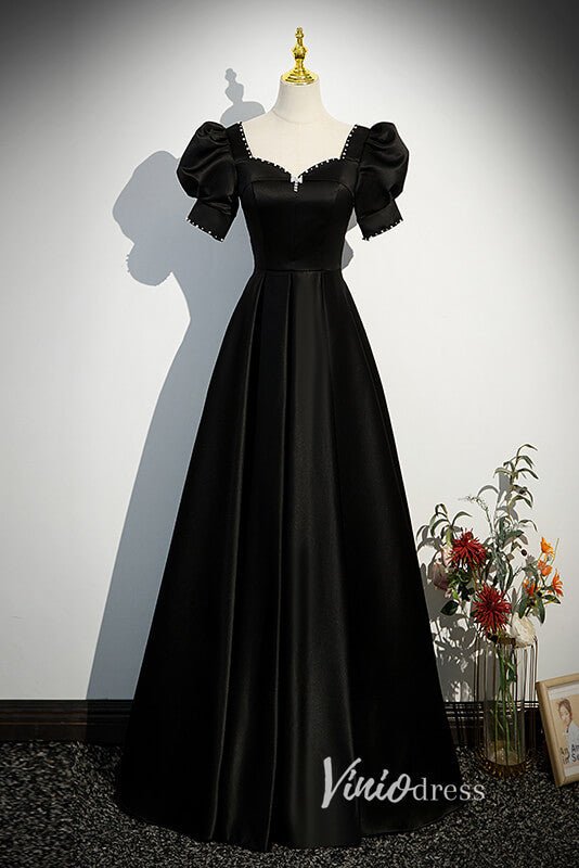 open lace back dress Elegant Black Satin Prom Dresses with Puffed Sleeve FD3530 – Viniodress