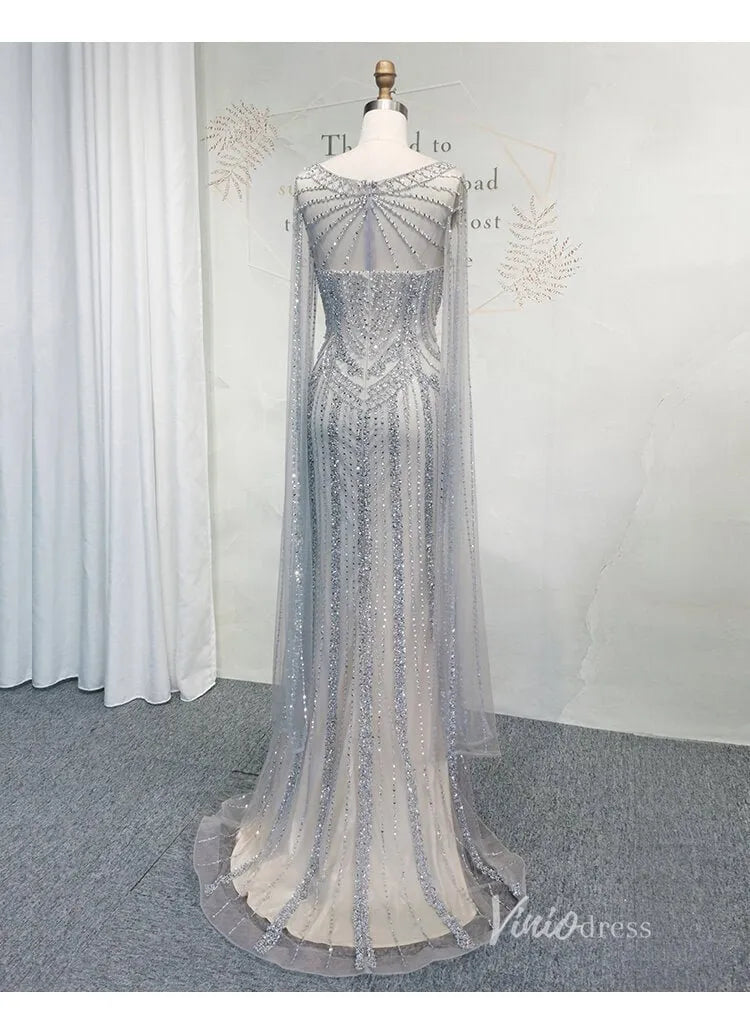 Elegant Cape Sleeve Evening Dress Vintage Beaded Sheath Prom Dresses FD2775-Evening Dresses 2025 -Viniodress-Gold-US 2-