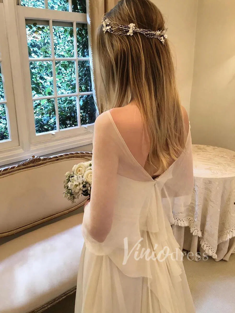 Elegant Chiffon Beach Wedding Dresses with Sleeves VW1261-wedding dresses 2025 -Viniodress-Ivory-Custom Size-