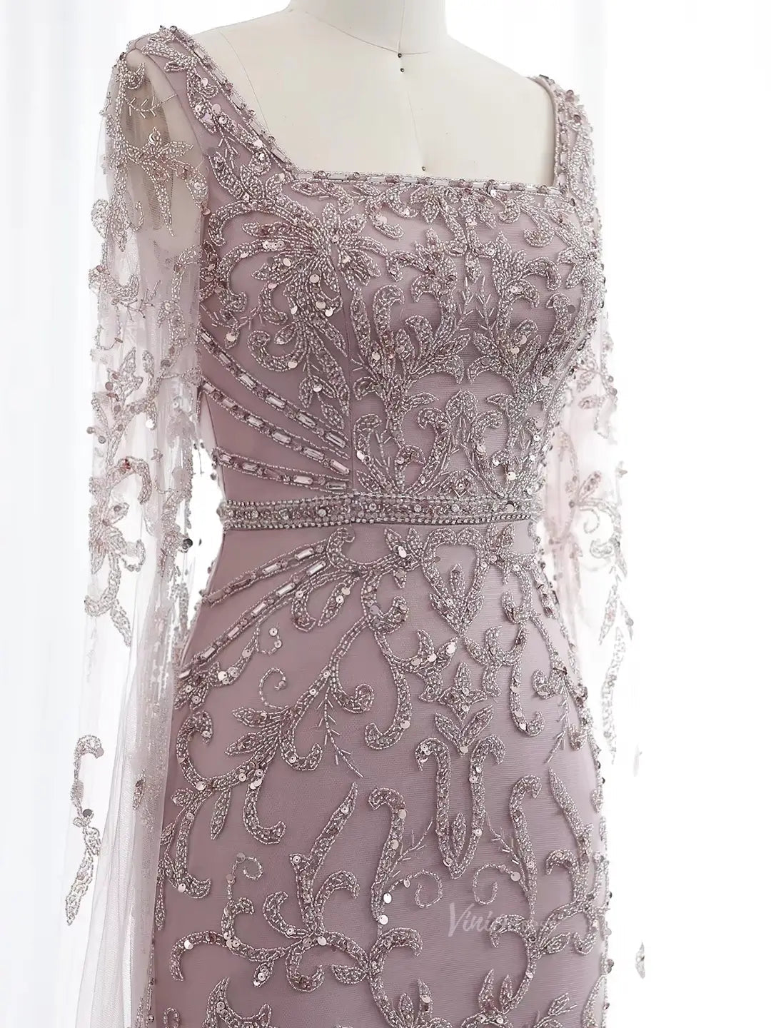 Elegant Draped Sleeve Prom Dresses Sparkly Beaded Formal Dresses, Square Neck BD042-Evening Dresses 2025 -Viniodress-Light Green-US 2-