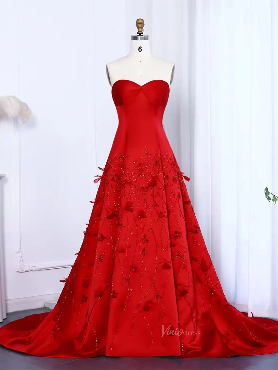 Elegant Floral Satin Prom Dresses Beaded Unique Formal Dresses BD044-Evening Dresses 2025 -Viniodress-Red-US 2-