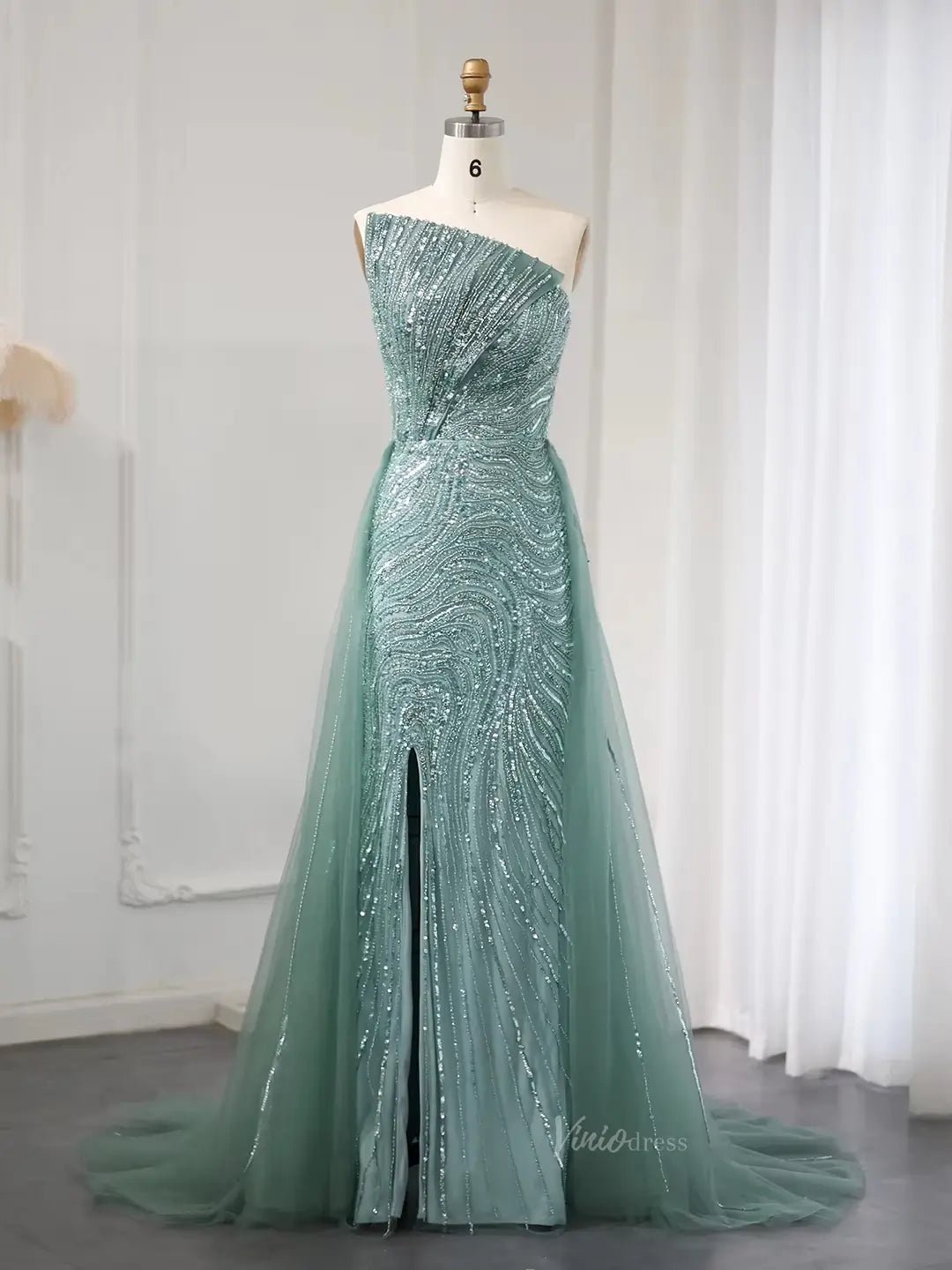 Elegant Fuchsia Long Prom Dresses Overskirt Beaded Formal Dresses with Slit BD047-Evening Dresses 2025 -Viniodress-Light Green-US 2-