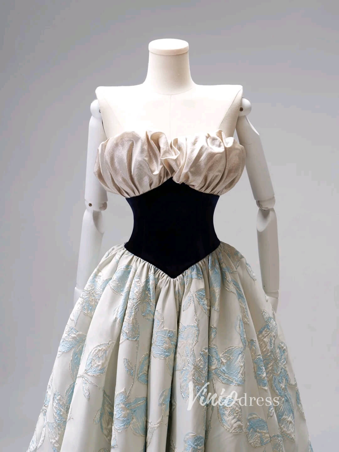 Elegant Jacquard Satin Prom Dresses Strapless Formal Dress FD3424-prom dresses 2025 -Viniodress-Light Blue-Custom Size-