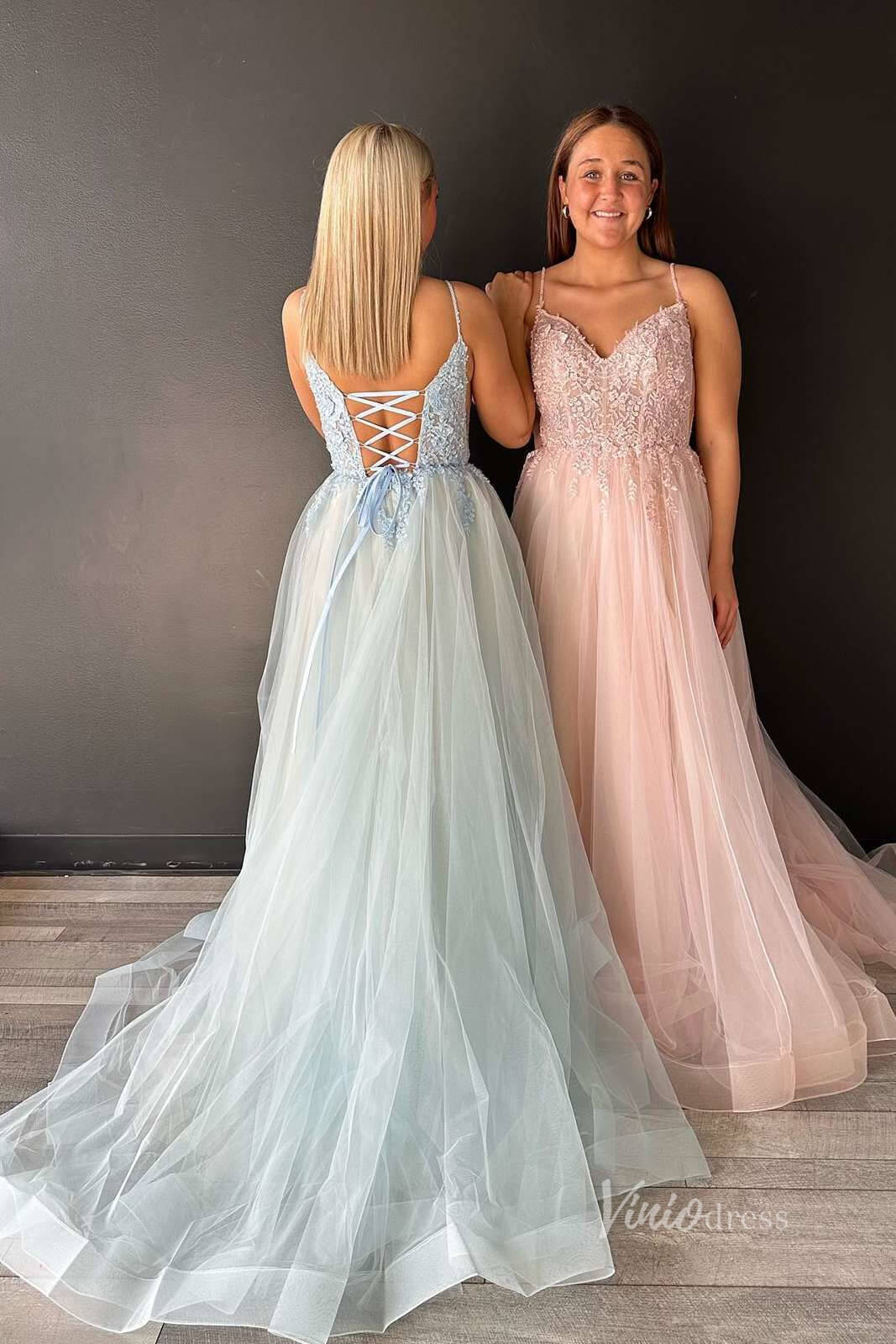 Elegant Lace Applique Prom Dresses with Slit Boned Bodice Spaghetti Strap FD4045B-prom dresses 2025 -Viniodress-Light Blue-Custom Size-
