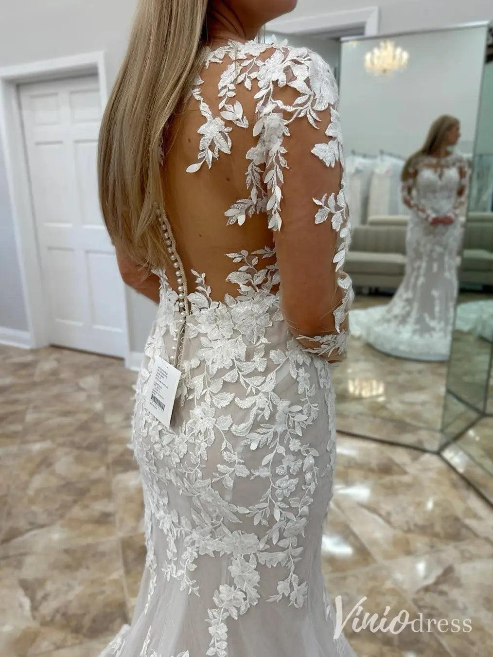Elegant Lace Mermaid Wedding Dress with Illusion Long Sleeves and Chapel Train – ML138-wedding dresses 2025 -Viniodress-Ivory-Custom Size-